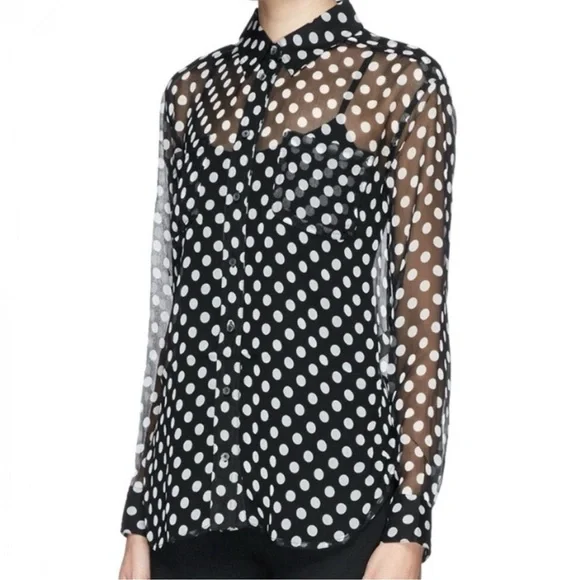 Elizabeth and James 100% Silk Black and White Polka Dot Button Front Blouse Top - Picture 1 of 15